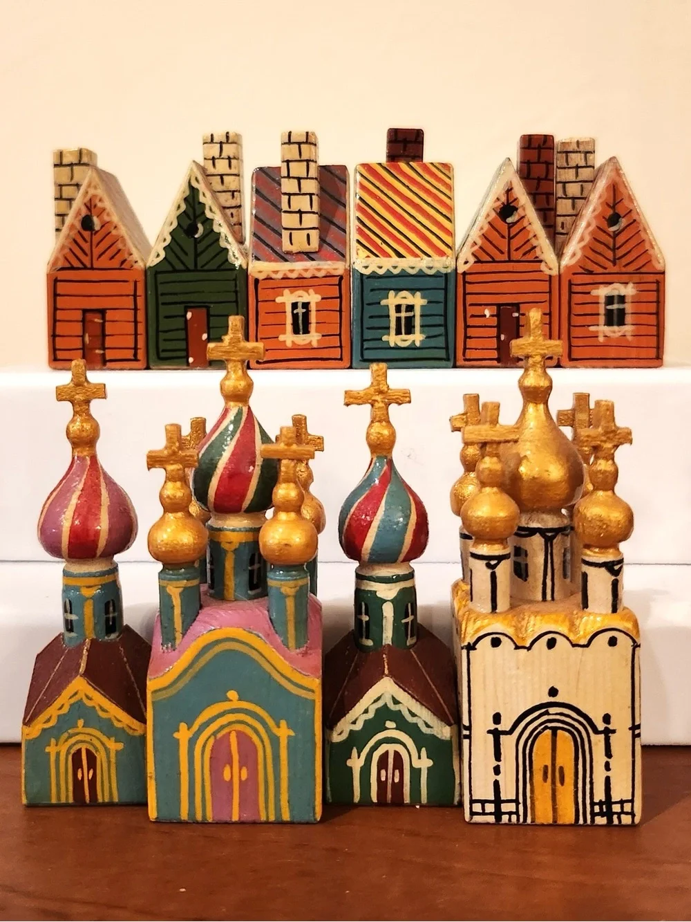 10 pc. Incredible Vintage Hand Painted Wood Russian Churches & Village Folk Art
